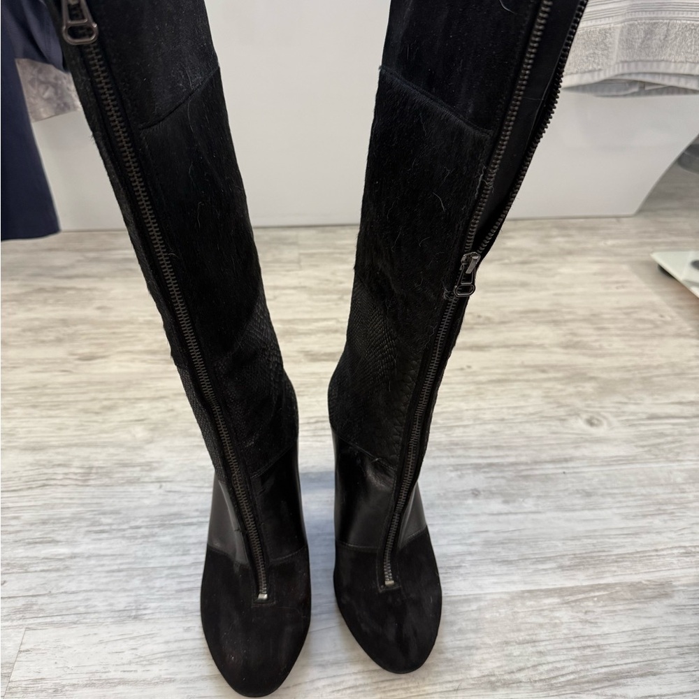 Anne Klein Black Tall Zip-Front Suede Heeled Boots